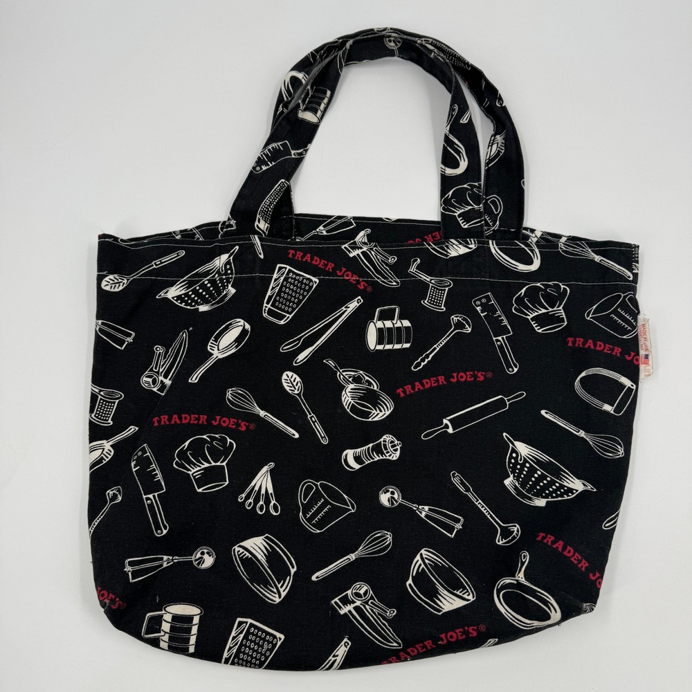 Trader Joe's‎ Tote Bag Unisex Large Black Kitchen Utensil AOP Canvas Made in USA